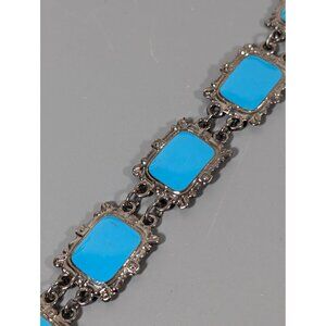 Retro Blue Enamel Gray Metallic Book Link Chain Bracelet 7.5"